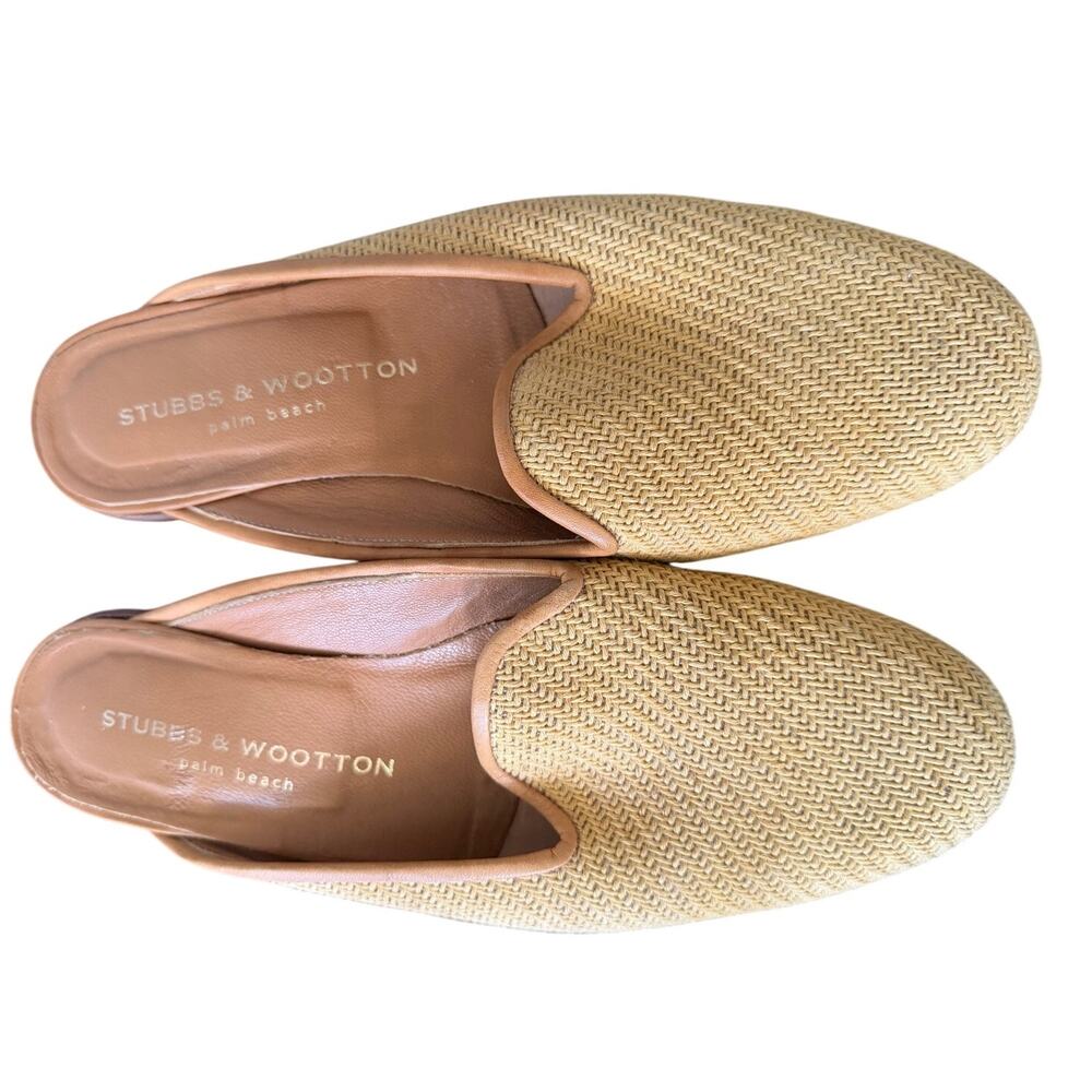 Stubbs & Wootton Natural Tan Woven Raffia Slip On Mules Resort Coastal